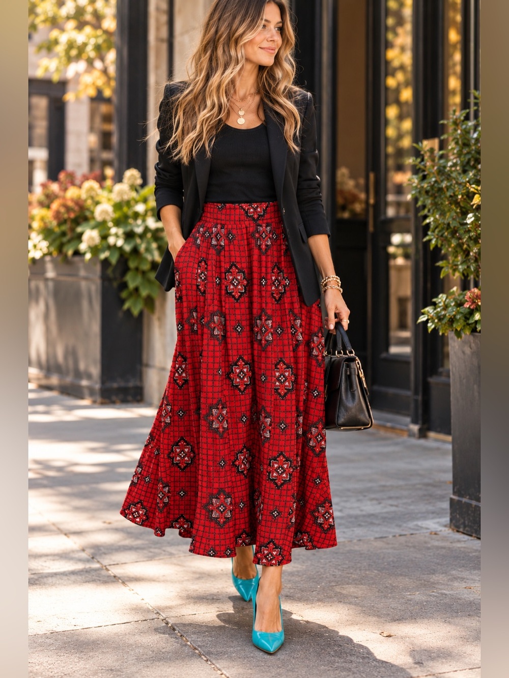 Vintage Boho Red Printed Maxi Skirt - Women
